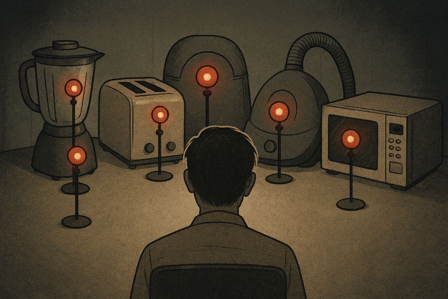 A human figure faces a semi-circle of anthropomorphic appliances—blender, toaster, vacuum, microwave—each with glowing red eyes, suggesting judgment and surveillance.