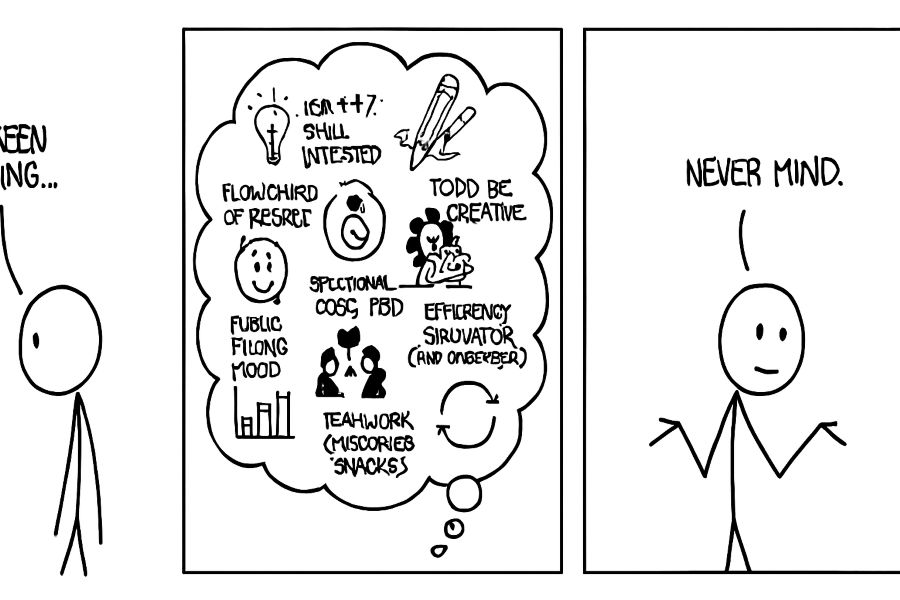 Three-panel XKCD-style cartoon of a stick figure saying “I’ve been thinking…”, revealing a chaotic thought bubble filled with labeled icons, then shrugging and saying “Never mind.”