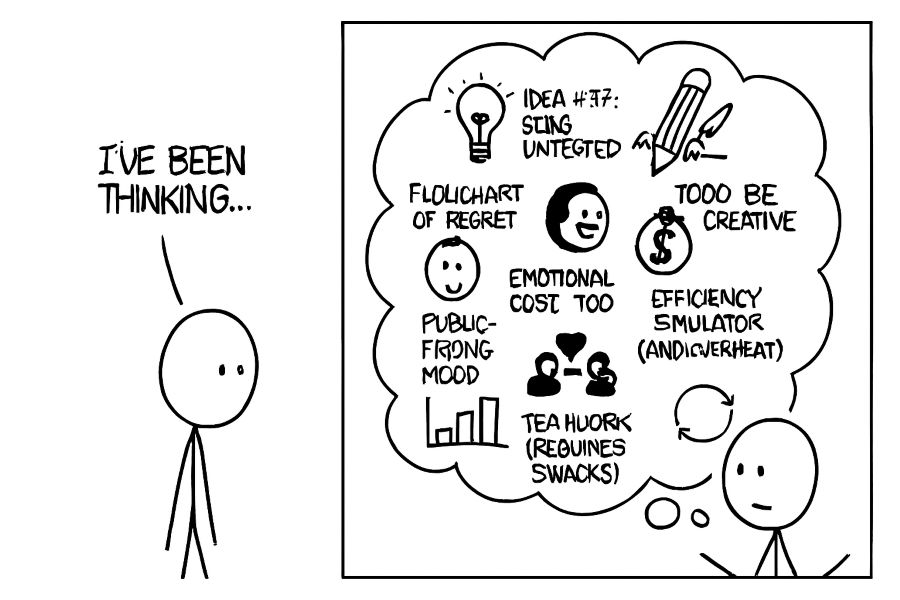 Two-panel XKCD-style cartoon of a stick figure saying “I’ve been thinking…” followed by a chaotic thought bubble filled with labeled icons like “Flowchart of Regret” and “Loop of Questionable Productivity.”